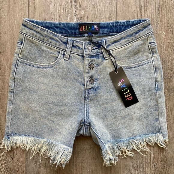 Delia’s Dolls Kill Blue Light Wash Denim High Waisted Jean Cutoff Longer Shorts - Picture 1 of 4
